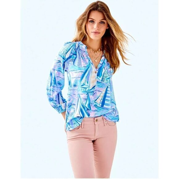 Lilly Pulitzer Elsa Silk Top Light Lilac Verbena Aboat Time Size Small-MSRP $158 - Picture 2 of 9